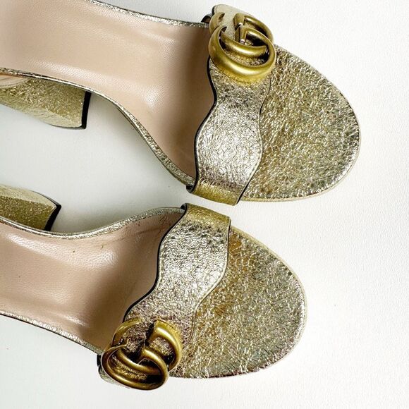 GUCCI Marmont Gold Platform Heel Sandals 39.5 Metallic Leather Block Ankle Strap - Picture 8 of 12